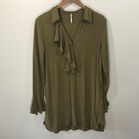 Free People Olive Green Frill Tunic Blouse Size S - Picture 2 of 8